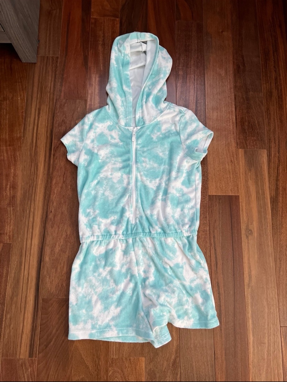 Carter's Aqua and White Tie-Dye Hooded Short Romper